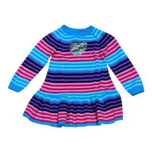 Pekkle Sweater Dress Girls Size 3 Rainbow Stripe Long Sleeve Heart Sequin Cotton